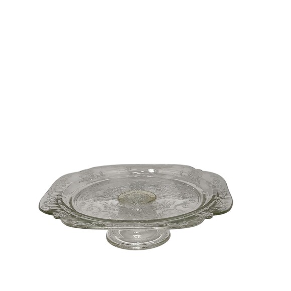 Vintage Depression Glass Cake Stand Clear Etched Square Pedestal Plate, 1930s - Picture 2 of 7